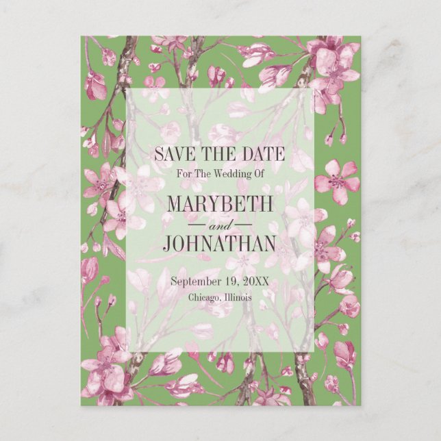 Pink Cherry Blossom Save the Date Einladungspostkarte (Vorderseite)