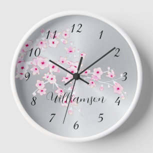 Pink Cherry Blossom Silver Foil Monogramm Uhr