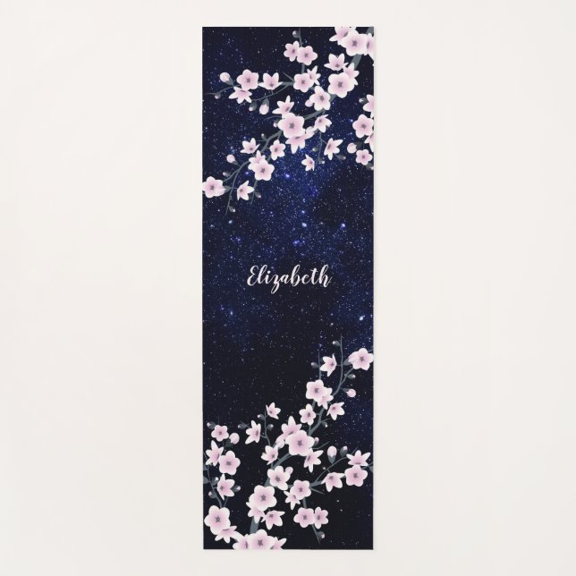 Pink Cherry Blossom Starry Night Sky Monogram Yogamatte (Vorderseite)