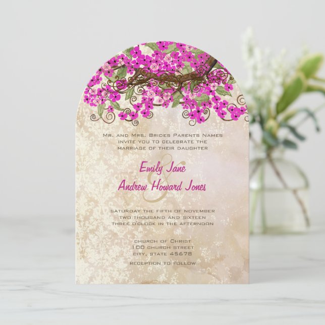Pink Cherry Blossom Tee Stain Hochzeit Einladungen (Stehend Vorderseite)