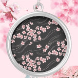 Pink Cherry Blossom Versilberte Kette<br><div class="desc">Pink Cherry Blossoms on Black - a great gift for her</div>