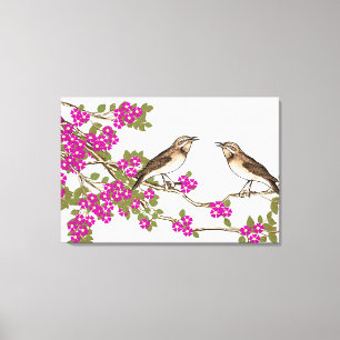 Pink Cherry Blossom Vintage Liebesvögel Leinwanddruck