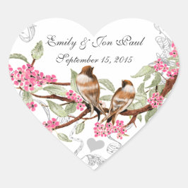 Pink Cherry Blossom Vintage Vögel Hochzeitsticker Herz-Aufkleber