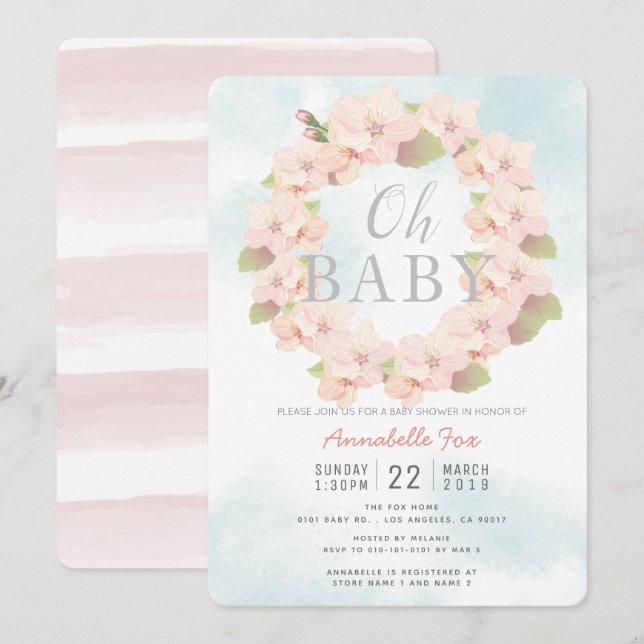 Pink Cherry Blossom Wreath Oh Babydusche Einladung (Vorne/Hinten)
