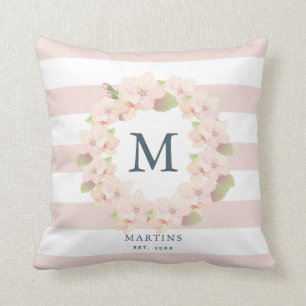 Pink Cherry Blossom Wreath Strip Monogramm Kissen