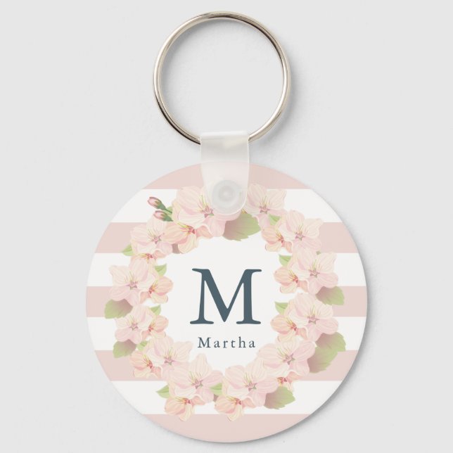 Pink Cherry Blossom Wreath Strip Monogramm Schlüsselanhänger (Vorderseite)