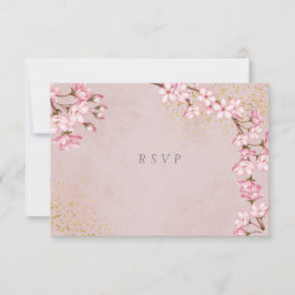 Pink Cherry Blossoms Gold Glitzer Hochzeit RSVP Karte