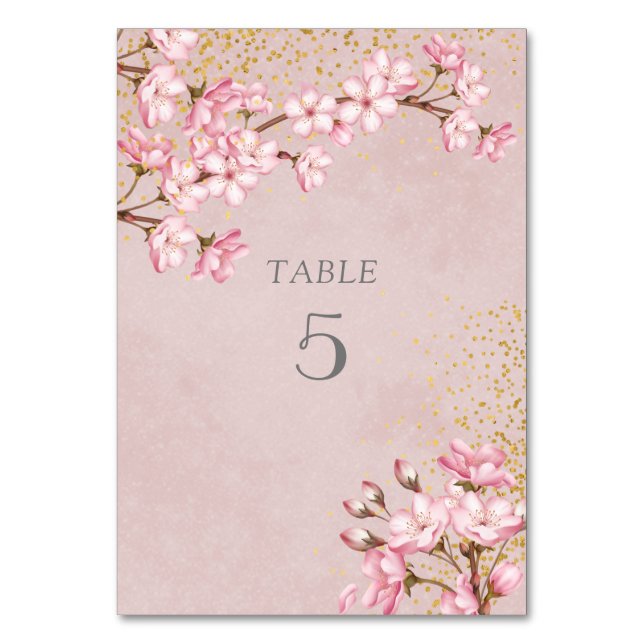 Pink Cherry Blossoms Gold Glitzer Hochzeit Tischnummer (Vorderseite)