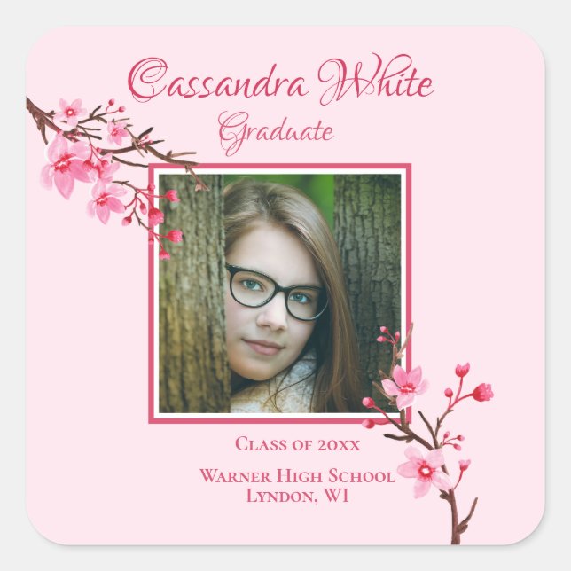 Pink Cherry Blossoms Graduation Party Quadratischer Aufkleber (Vorderseite)