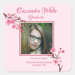 Pink Cherry Blossoms Graduation Party Quadratischer Aufkleber