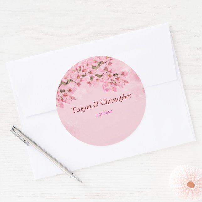 Pink Cherry Blossoms Hochzeit Runder Aufkleber (Umschlag)