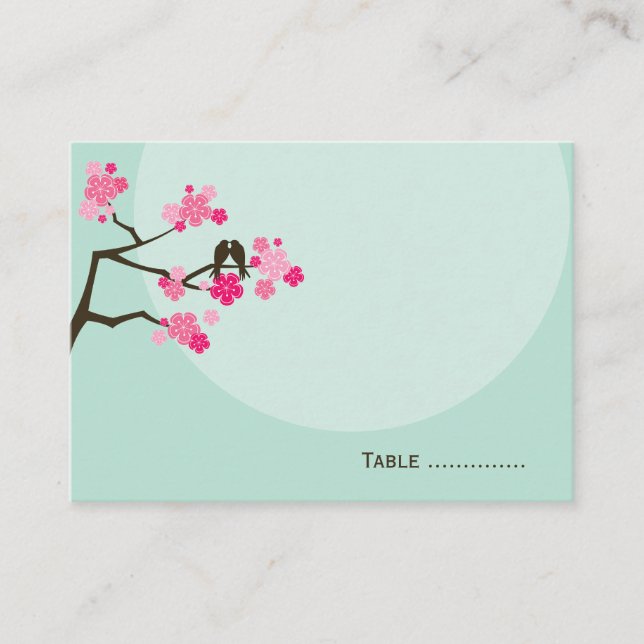 Pink Cherry Blossoms Love Bird Wedding Platzkarte (Vorderseite)