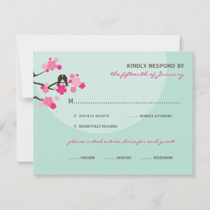 Pink Cherry Blossoms Love Birds Wedding RSVP Card Karte