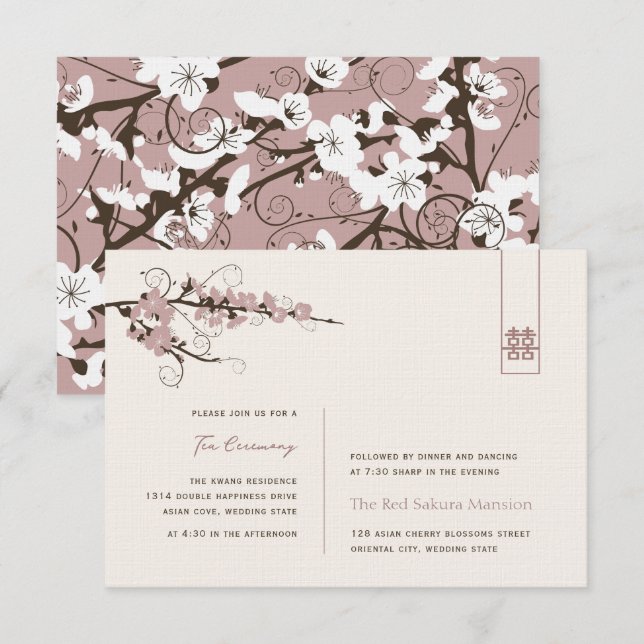 Pink Cherry blüht asiatisch Hochzeitsempfang Einladung (Vorne/Hinten)