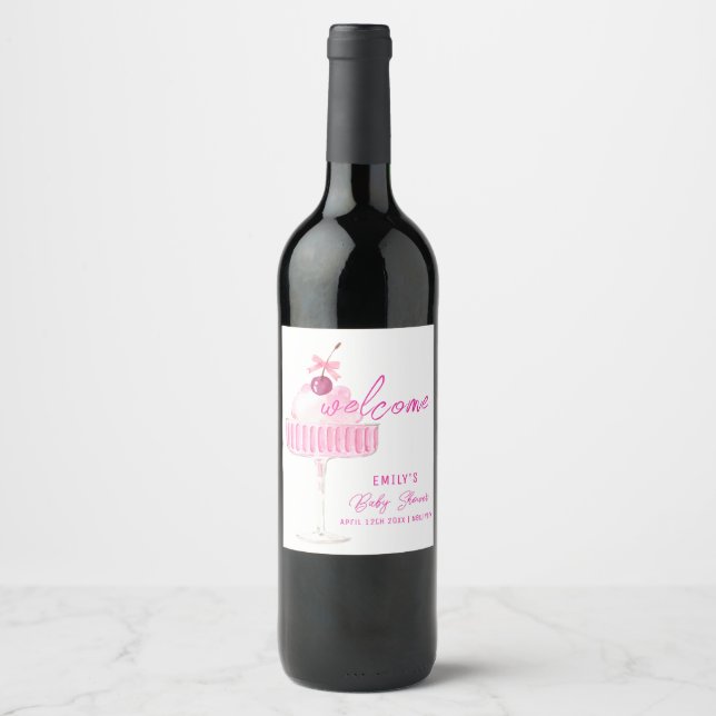 Pink Cherry Champagne Brunch Baby Dusche Empfang Weinetikett (Vorderseite)