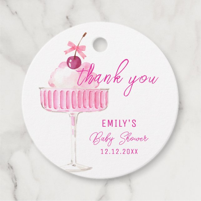 Pink Cherry Champagne Brunch Babydusche Danke Geschenkanhänger (Vorderseite)