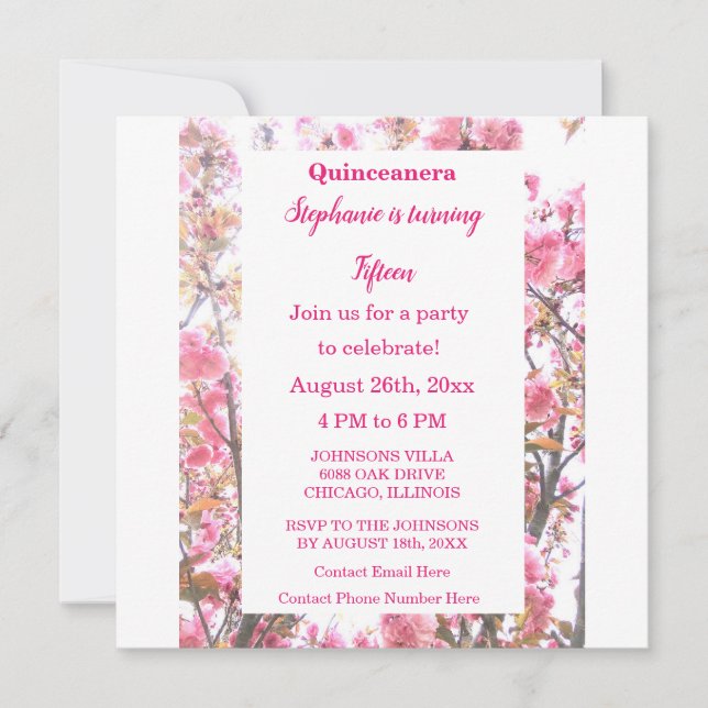 Pink Cherry Floral Quinceanera Fünfzehnte Geburtst Einladung (Vorderseite)