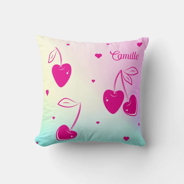 Pink Cherry Hearts Whimsical Niedlich Rainbow Name Kissen (Vorderseite)