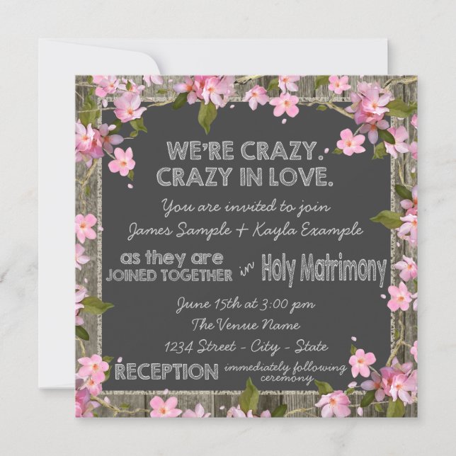 Pink Cherry Rustic Barn Wood Chalk Hochzeit Einladung (Vorderseite)