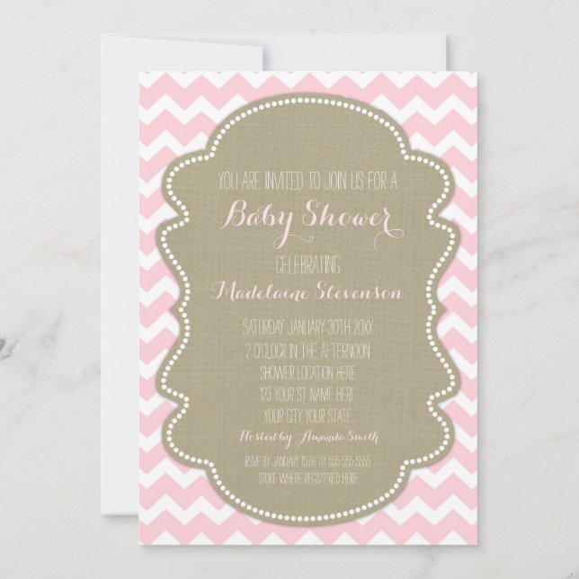 Pink Chevron Burlap Baby Shower Invitations (Dos)