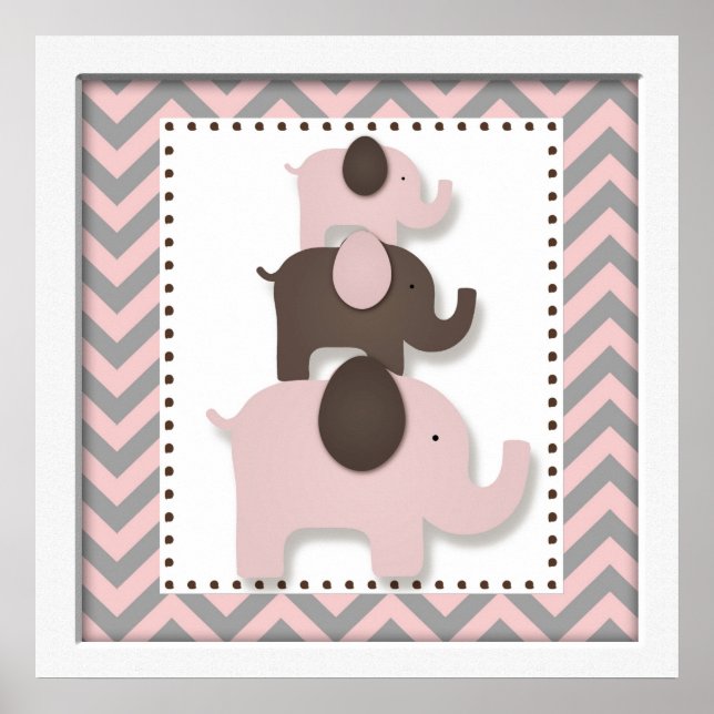 Pink Chevron Elephant Nursery Wall Art Poster (Vorne)