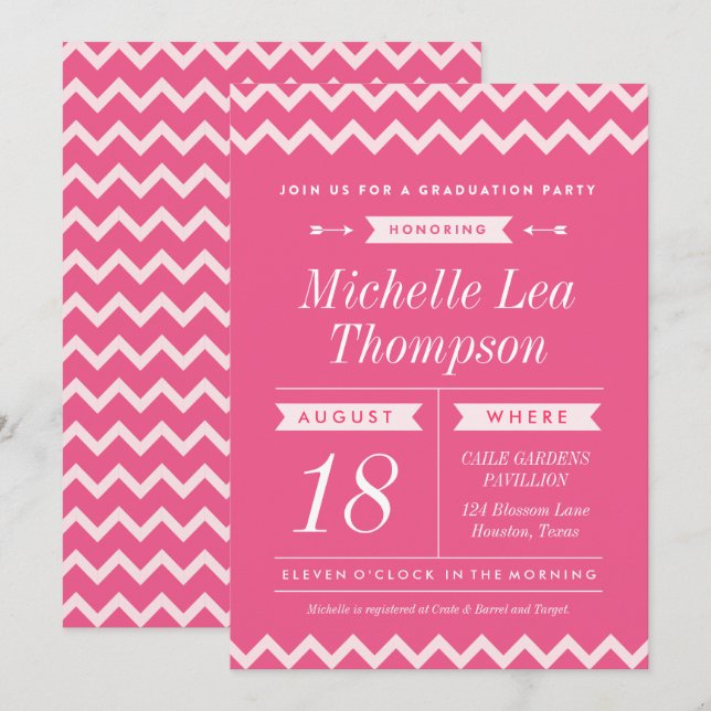 Pink Chevron Stylish Graduation Party Invitations (Devant / Derrière)