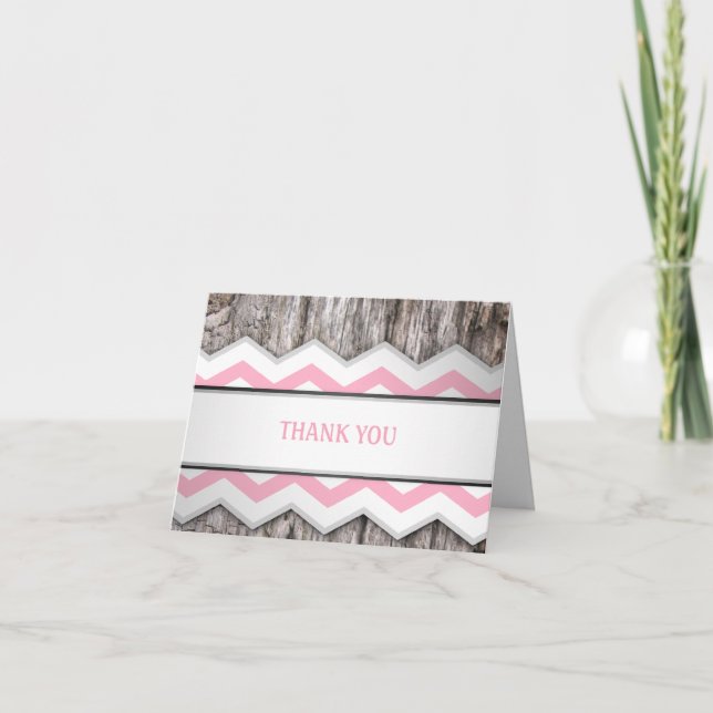 Pink Chevron & Wood Rustic Merci Cartes (Devant)
