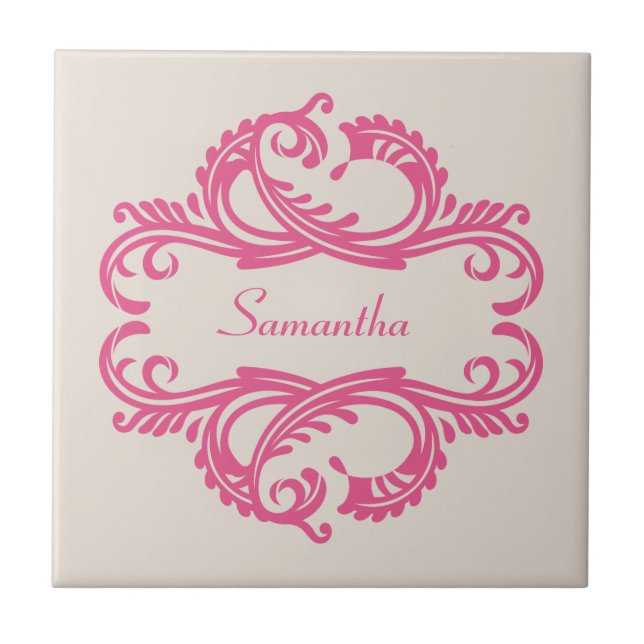 Pink Chic Damask Tile Fliese (Vorderseite)