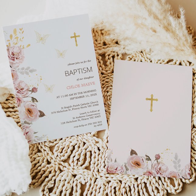 Pink Chic Floral Butterfly Christening Taufe Einladung (Pink chic floral butterflies baptism or christening invitation with gold cross. )