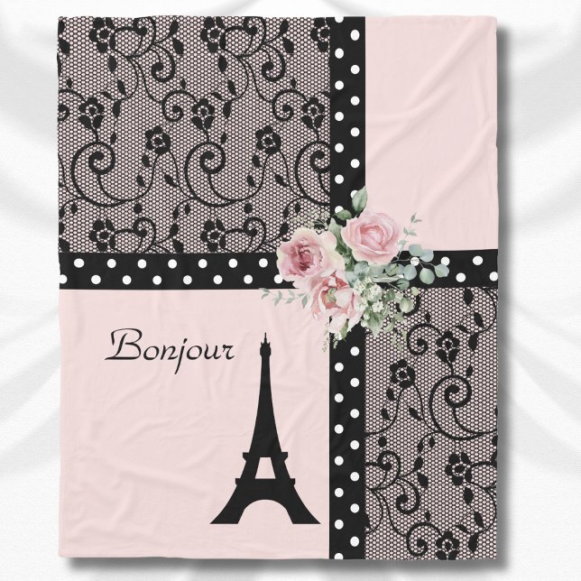 Pink Chic Polka Dot Paris Bonjour Blanket Fleecedecke (Pink Chic Polka Dot Paris Bonjour Blanket)