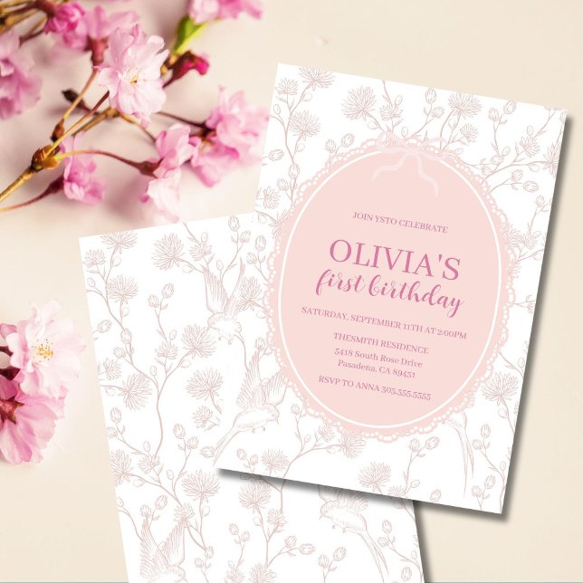 Pink Chinoiserie 1. Geburtstag Einladung (Elegant pink chinoiserie birthday invitation, perfect for a girl’s first or any age party.)