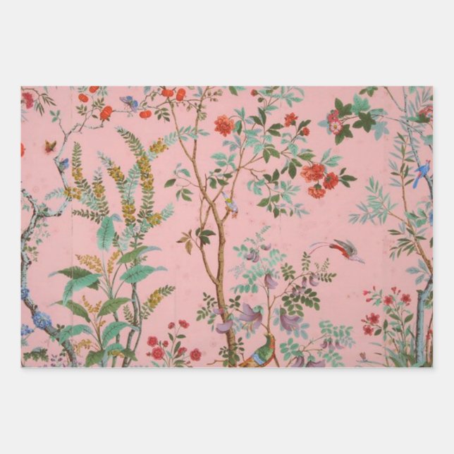 Pink Chinoiserie Bird Blumenzauber Geschenkpapier Set (Vorderseite)