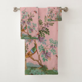 Pink Chinoiserie Bird Floral Elegant Badhandtuch Set