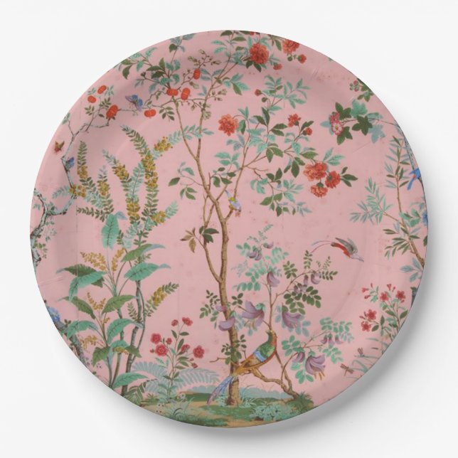 Pink Chinoiserie Bird Floral Pappteller (Vorderseite)
