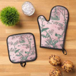 Pink Chinoiserie Bird Ofenhandschuh & Topflappen-Set