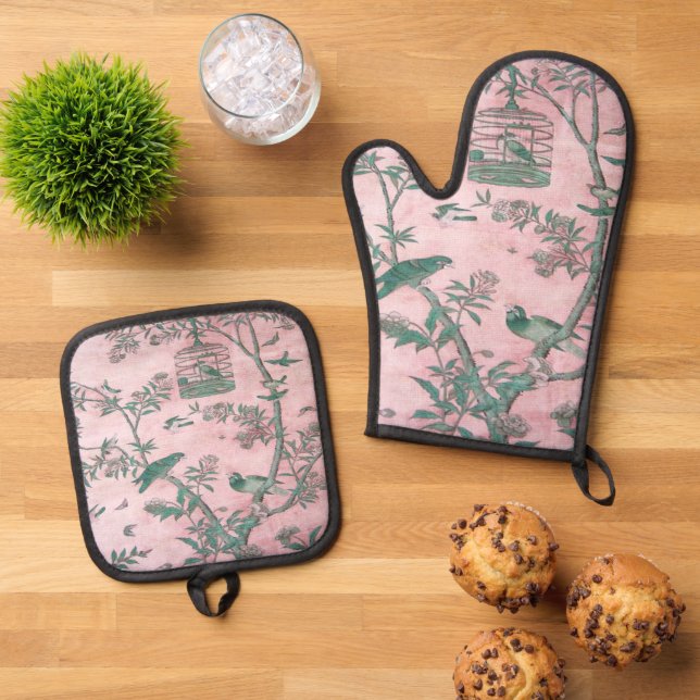 Pink Chinoiserie Bird Ofenhandschuh & Topflappen-Set (Oben Unten)