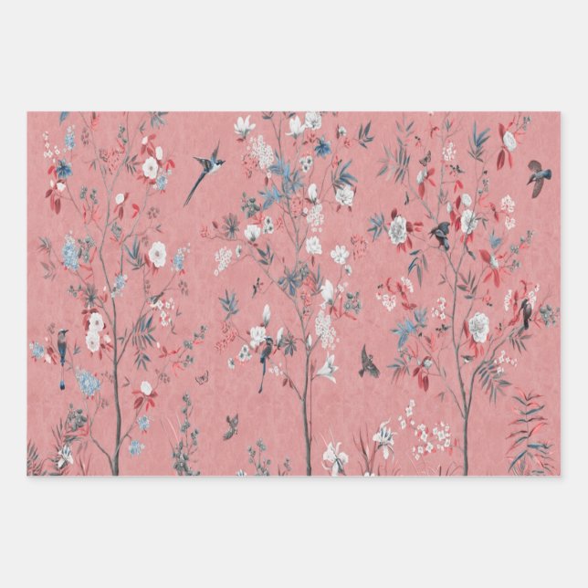 Pink Chinoiserie Bird Wrapping Paper Sheets Geschenkpapier Set (Vorderseite)