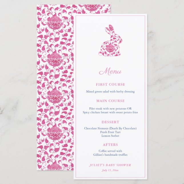 Pink Chinoiserie Bunny Bridal Shower Party Menükarte (Vorne/Hinten)