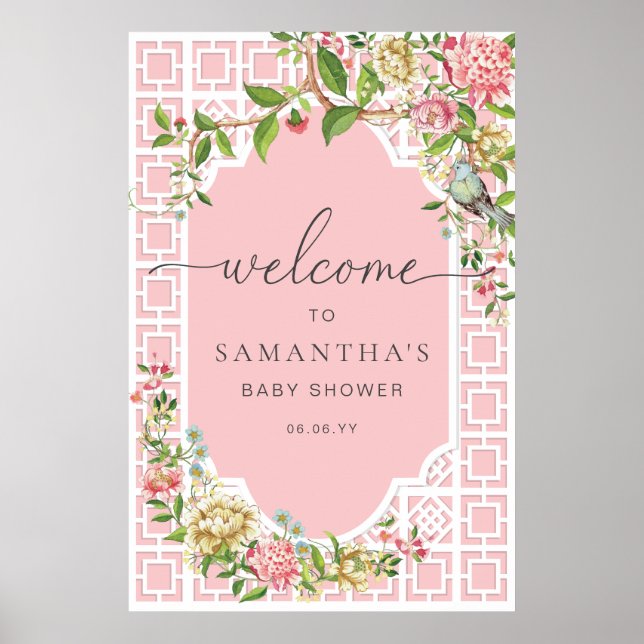 Pink Chinoiserie Floral Baby Dusche Begrüßungszeic Poster (Vorne)