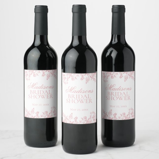 Pink Chinoiserie Floral Bridal Shower Favors Weinetikett (Flaschen)