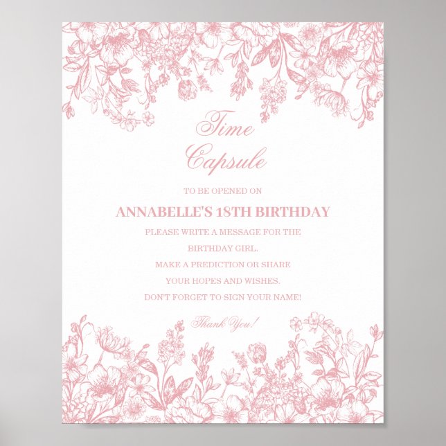 Pink Chinoiserie Floral Time Capsule Baby Birthday Poster (Vorne)