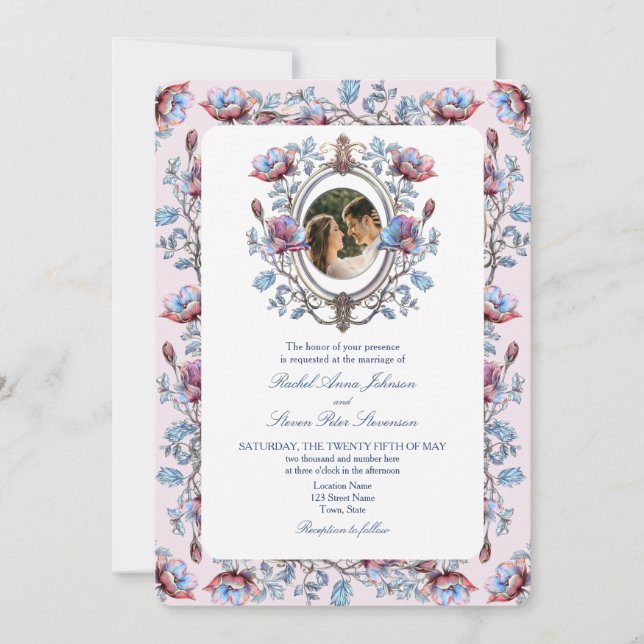 Pink Chinoiserie Foto Hochzeit Einladung (Vorderseite)