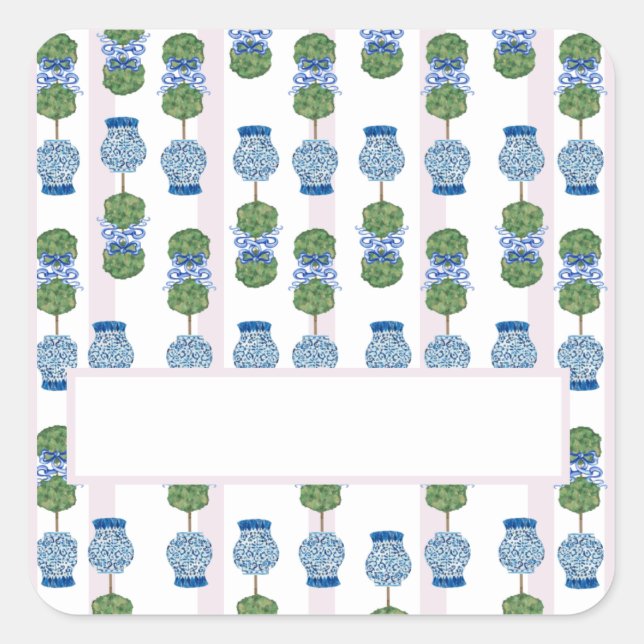 Pink Chinoiserie Ginger Jars Topiary Square Quadratischer Aufkleber (Vorderseite)