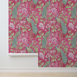 Pink Chinoiserie Pfau Blütenschale und Stock Tapete