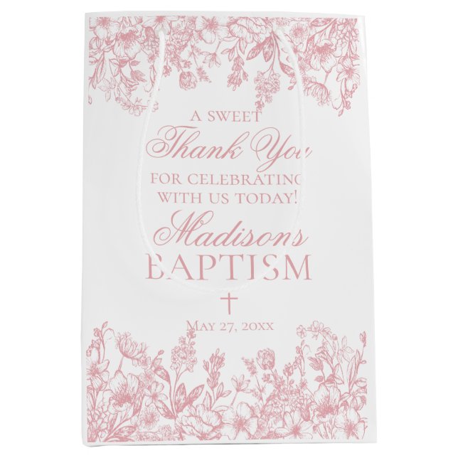 Pink Chinoiserie Vintage Floral Baptism Favors Mittlere Geschenktüte (Vorderseite)