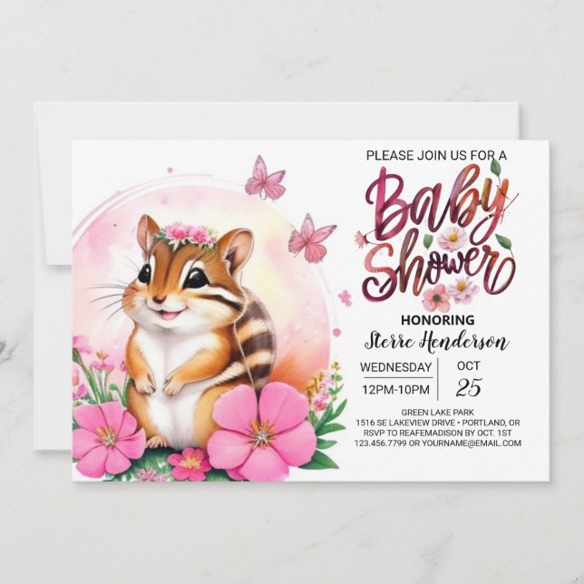 Pink Chipmunk Bliss Whimsical Girl Baby Dusche Einladung (Vorderseite)