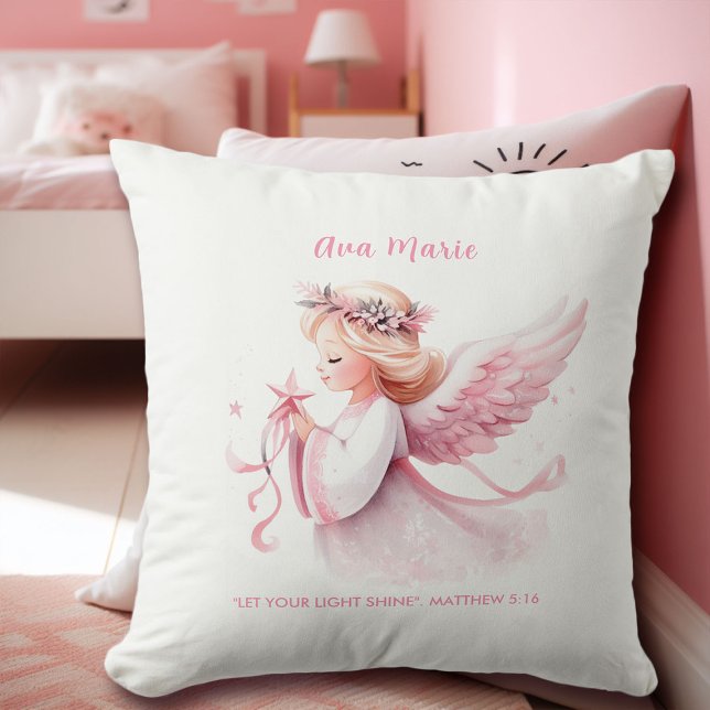 Pink Christmas Angel Bible Verse Name Kinderzimmer Kissen (pink christmas angel throw pillow personalized name bible verse baby shower gift granddaughter)