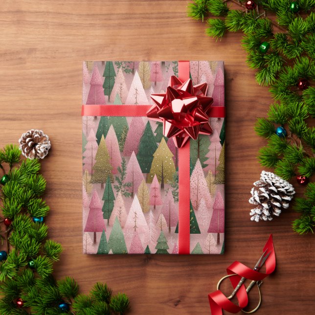 Pink Christmas Art with Gold Branches Geschenkpapier (Feiertagsgeschenk)