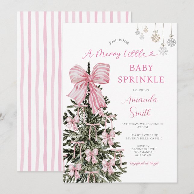 Pink Christmas Baby Sprinkle Stripes Einladung (Vorne/Hinten)