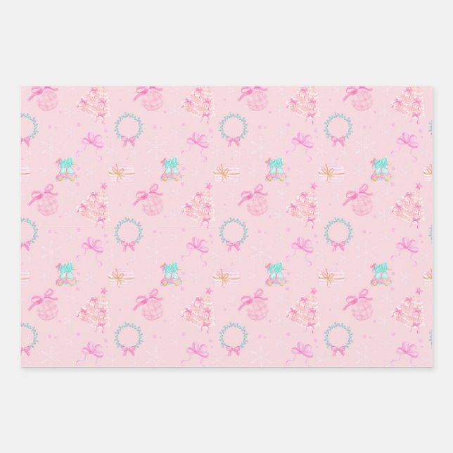 Pink Christmas Coquette Bow Seamless Pattern Geschenkpapier Set (Vorderseite)